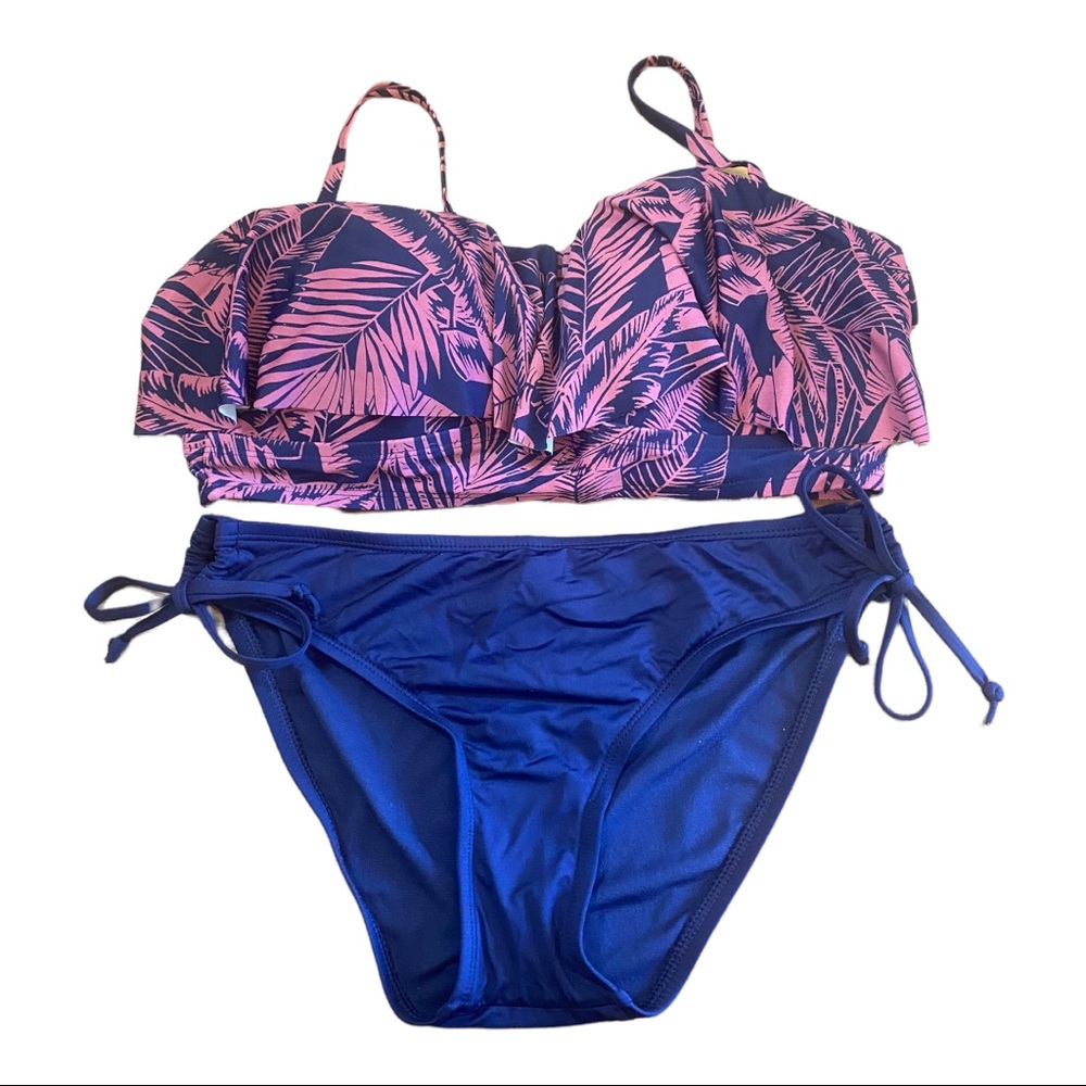 Kona Sol Bikini Swimsuit Ruffle Tropical Print Top Tie Side Bottoms Size Medium